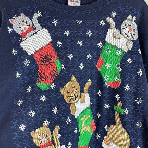 Vintage 90s Christmas Crazy Cat Lady cats stockings sweatshirt - Picture 3 of 6